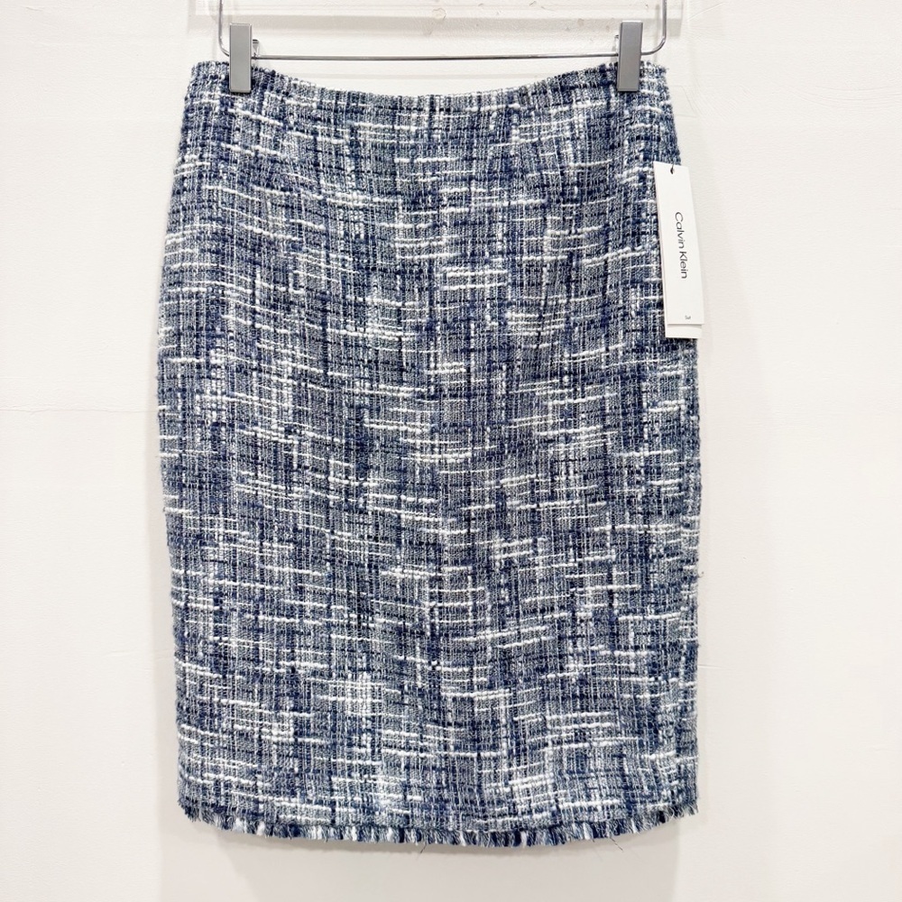 Calvin Klein Tweed Fringe Trim Pencil Skirt Suiting Blue Multi Size 2 Menswear